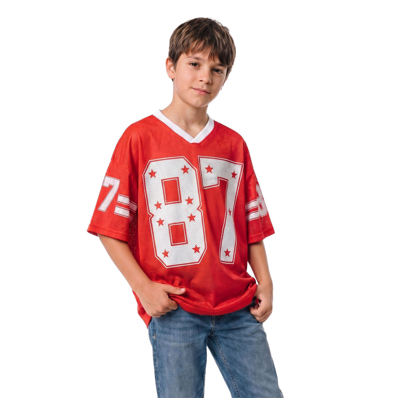 Op deze afbeelding zie je een Kostuums, van het merk Wilbers. Sky Star IJshockeyshirt Rood (Oversized) Kind