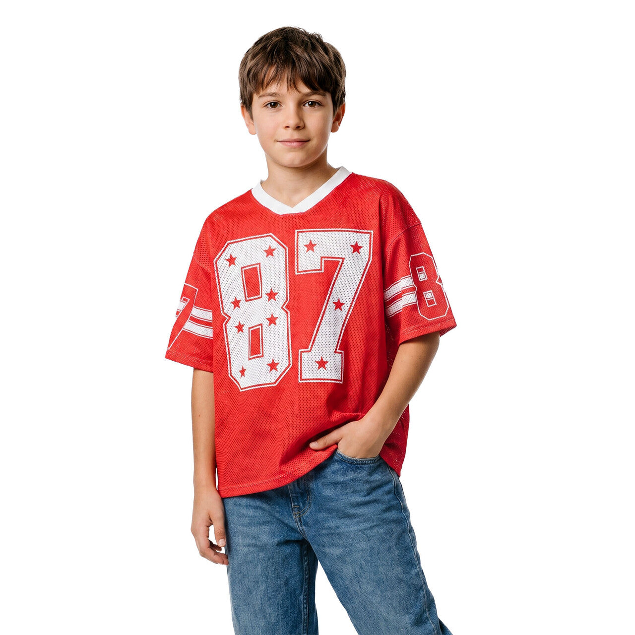 Op deze afbeelding zie je een Kostuums, van het merk Wilbers. Sky Star IJshockeyshirt Rood (Oversized) Kind