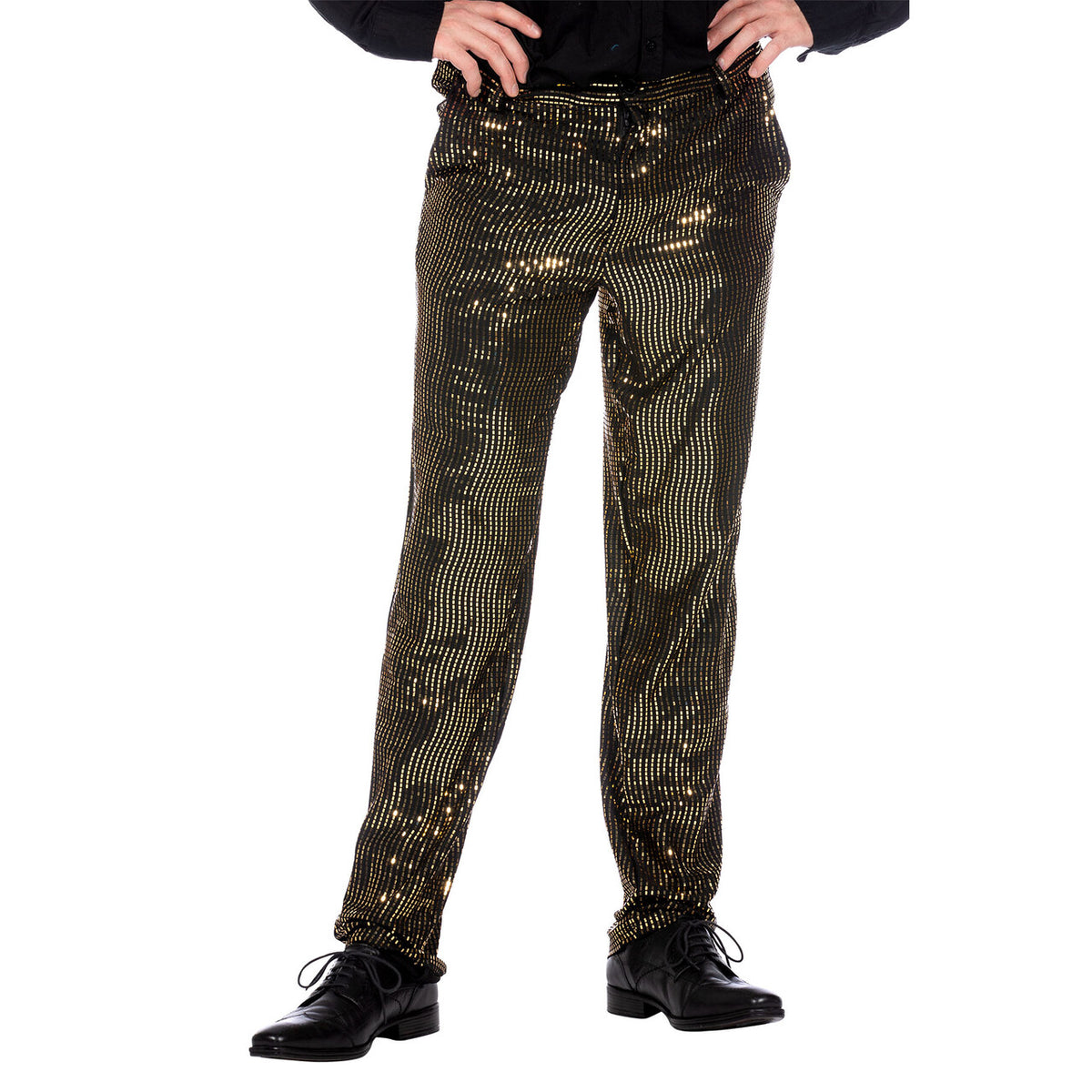 Op deze afbeelding zie je een Kostuums, van het merk Wilbers. Broek Metallic Gouden Disco Man