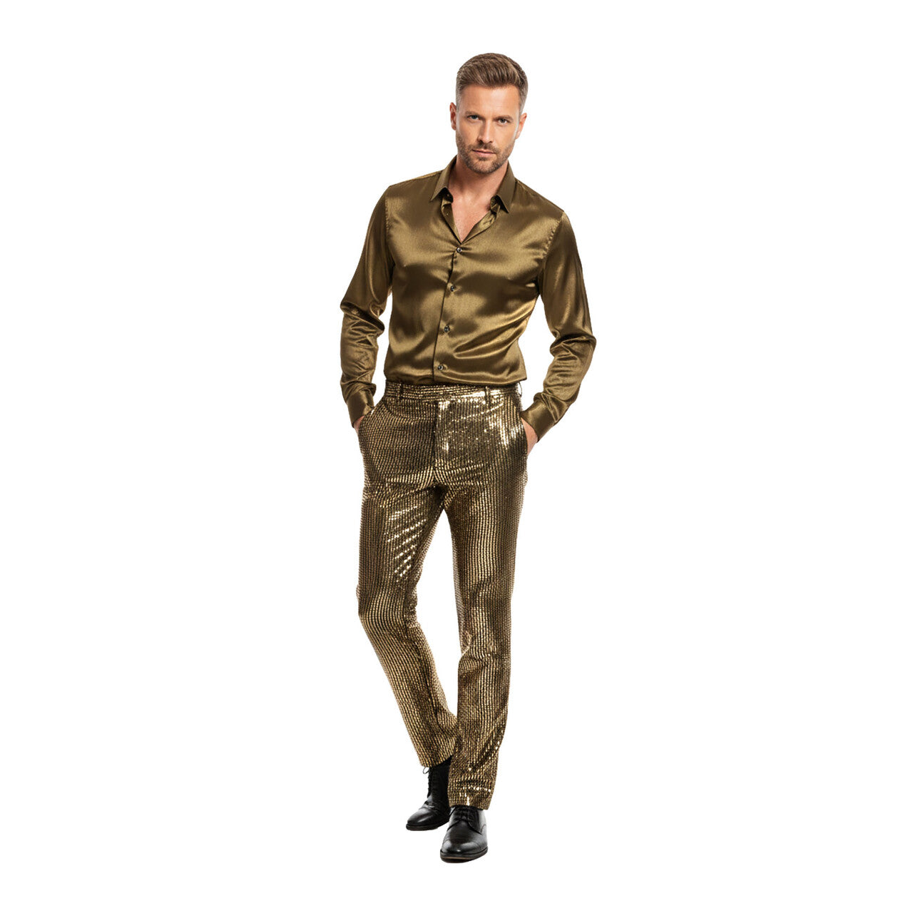 Op deze afbeelding zie je een Kostuums, van het merk Wilbers. Broek Metallic Gouden Disco Man