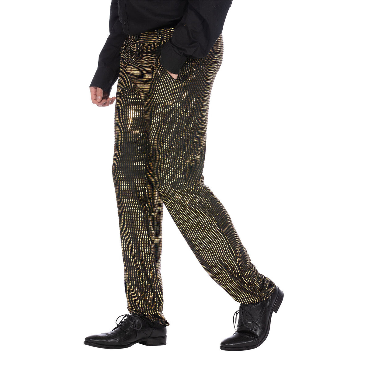 Op deze afbeelding zie je een Kostuums, van het merk Wilbers. Broek Metallic Gouden Disco Man