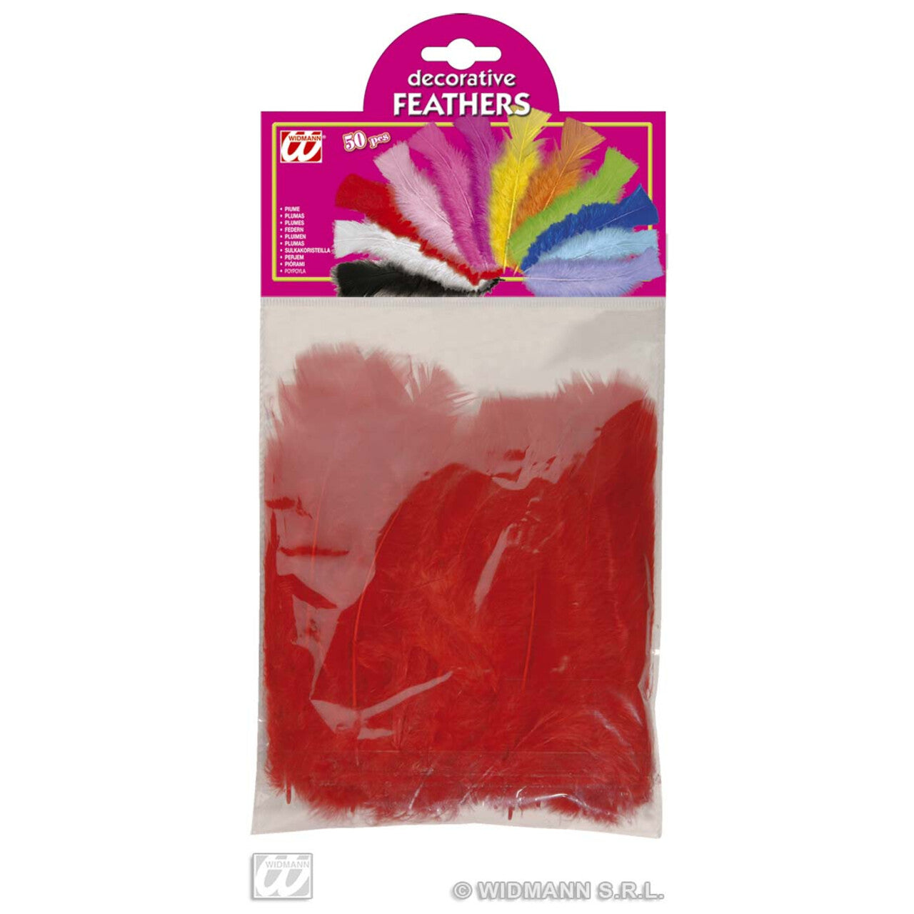 Op deze afbeelding zie je een Decoratie, van het merk Widmann. Zakje Met 50 Veertjes Rood