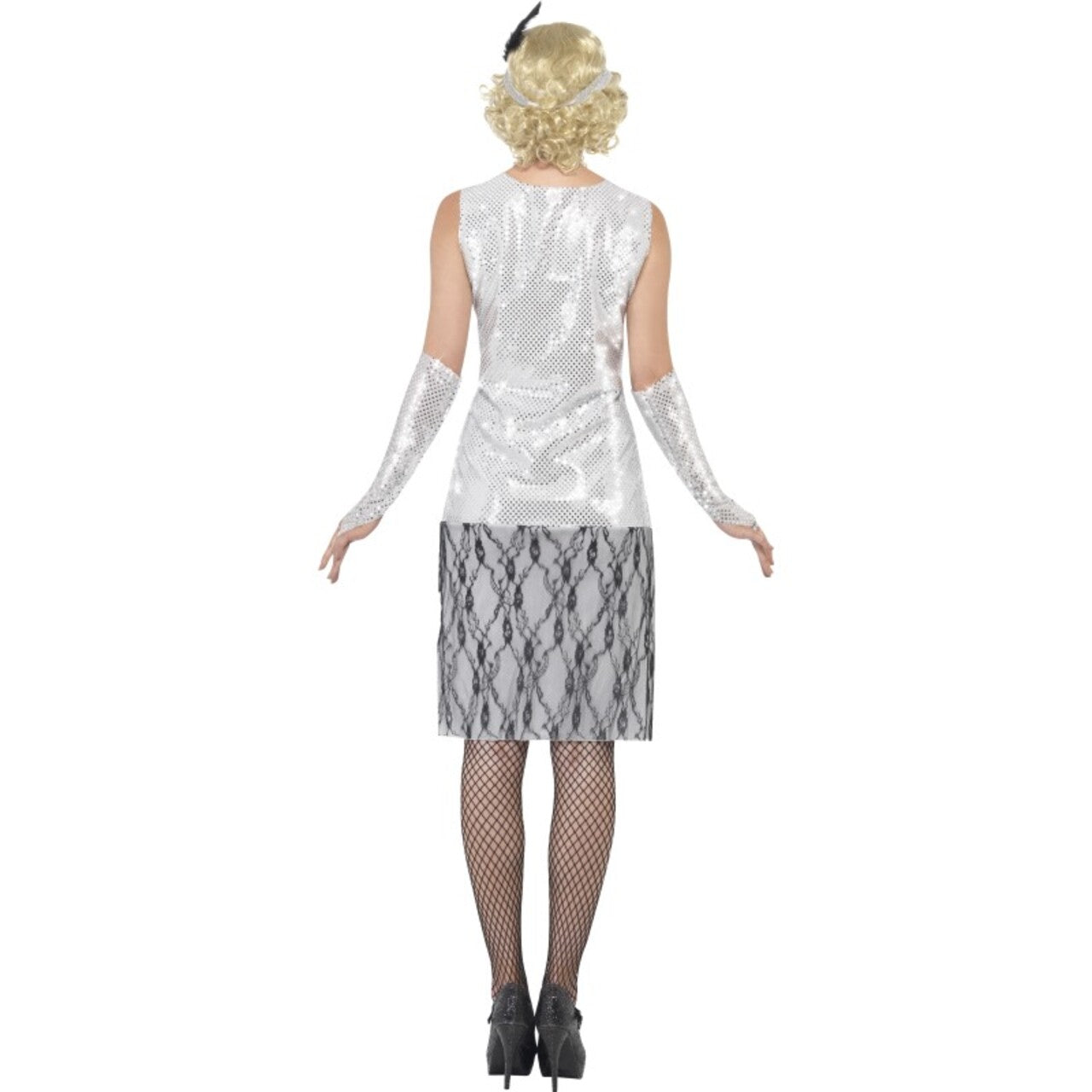 Op deze afbeelding zie je een Kostuums, van het merk Smiffy's. Zilveren Flapper Kostuum Vrouw