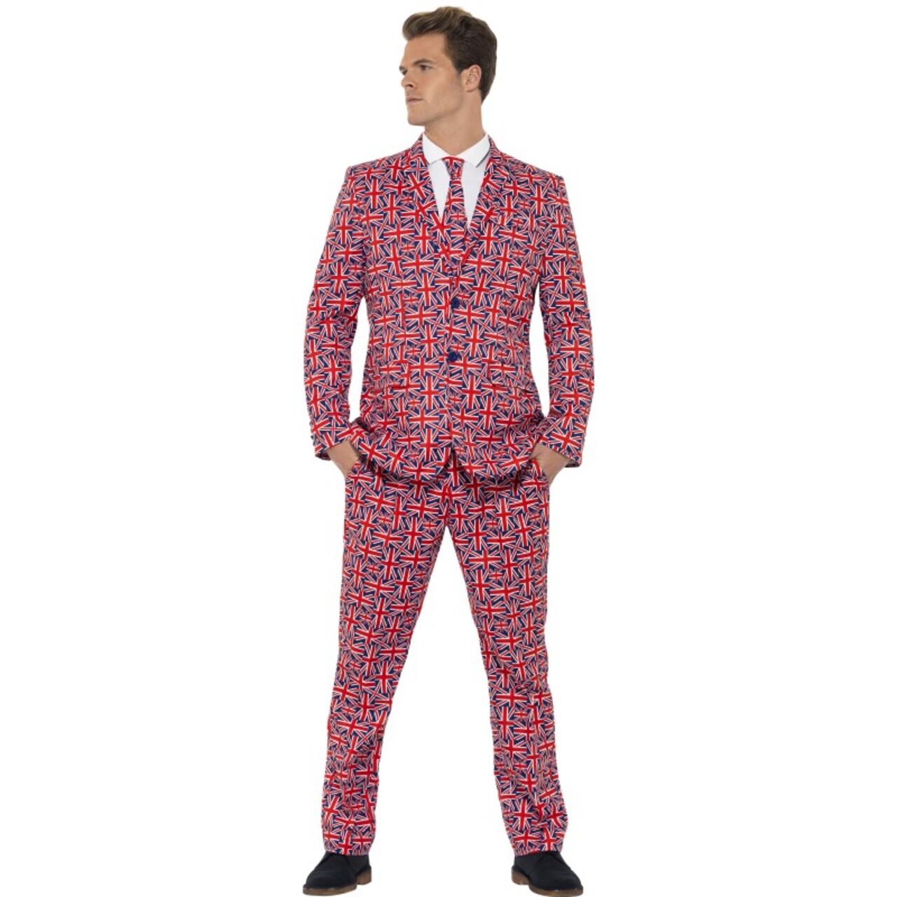 Op deze afbeelding zie je een Kostuums, van het merk Smiffy's. Extravagant Herenkostuum Keurig Pak Engelse Vlag Union Jack Man