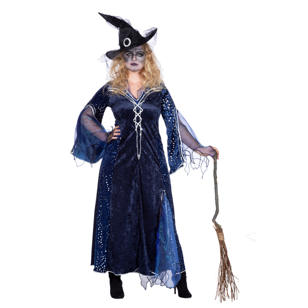 Op deze afbeelding zie je een Kostuums, van het merk Wilbers. Zwansilla Tovenaarsdame Sterren Blauw Vrouw Kostuum