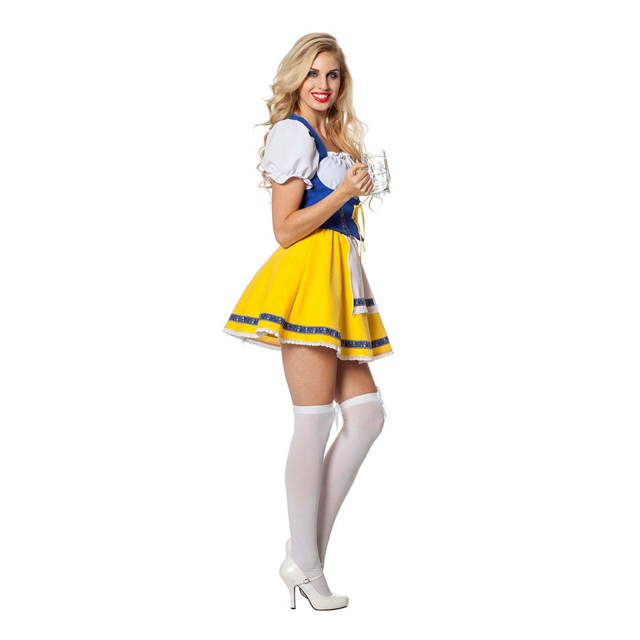 Op deze afbeelding zie je een Kostuums, van het merk Wilbers. Dirndl Lady Biermeisje Geel / Blauw Vrouw Kostuum