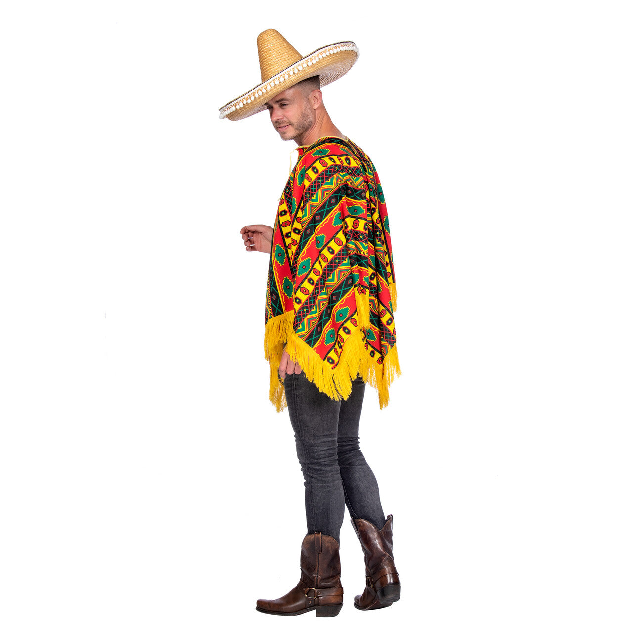 Op deze afbeelding zie je een Kostuums, van het merk Wilbers. Rood-Geel-Groene Mexicaan Poncho Higuitta Man Kostuum