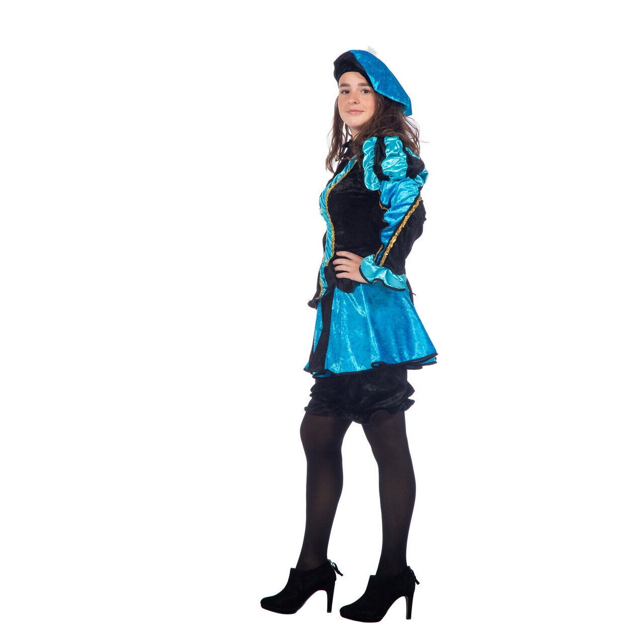 Op deze afbeelding zie je een Kostuums, van het merk Wilbers. Aqua Gestreepte Piet Dames Vrouw Kostuum