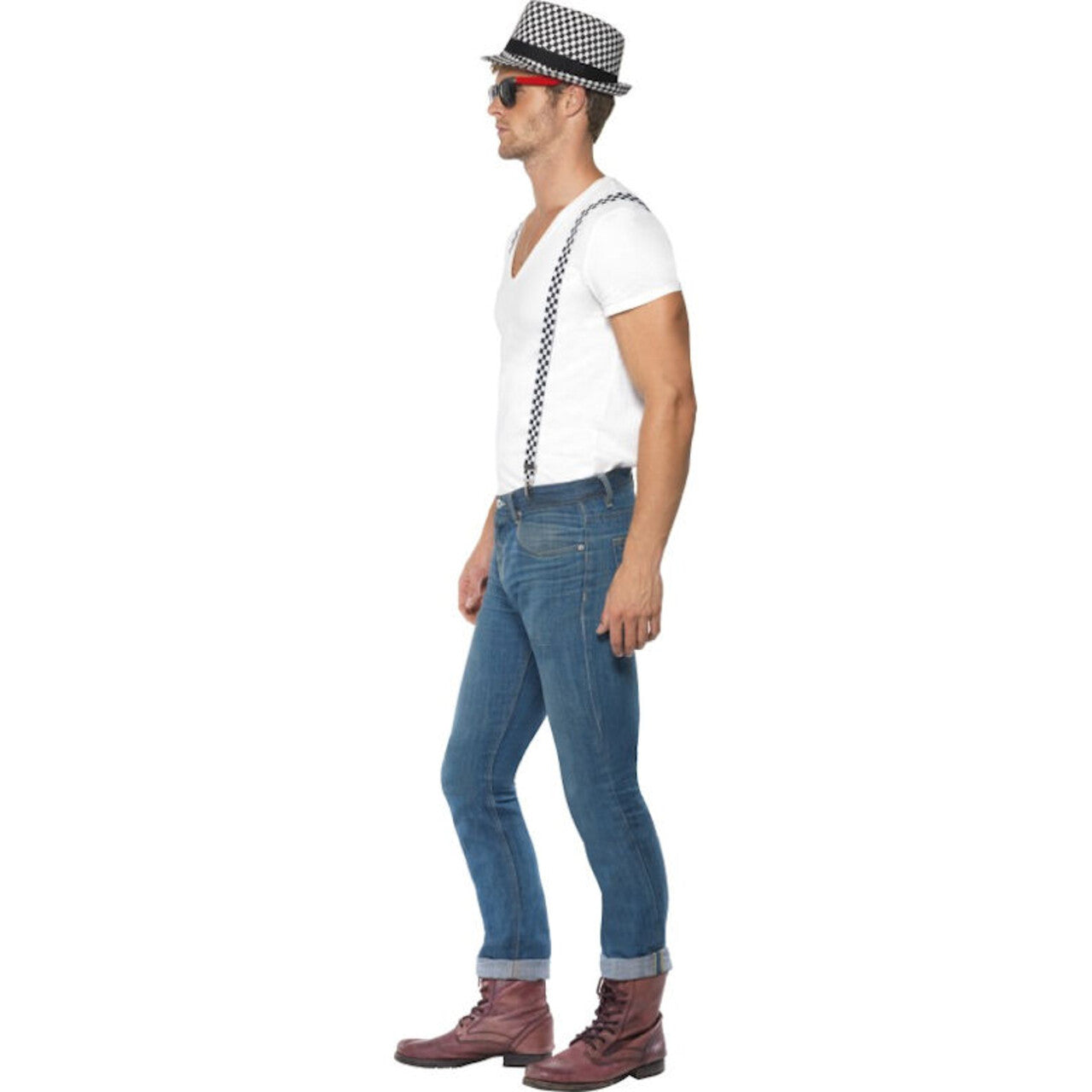 Op deze afbeelding zie je een Accessoires, van het merk Smiffy's. Jaren 80 Ska Tweekleurige Set Van Bretels En Hoed Man