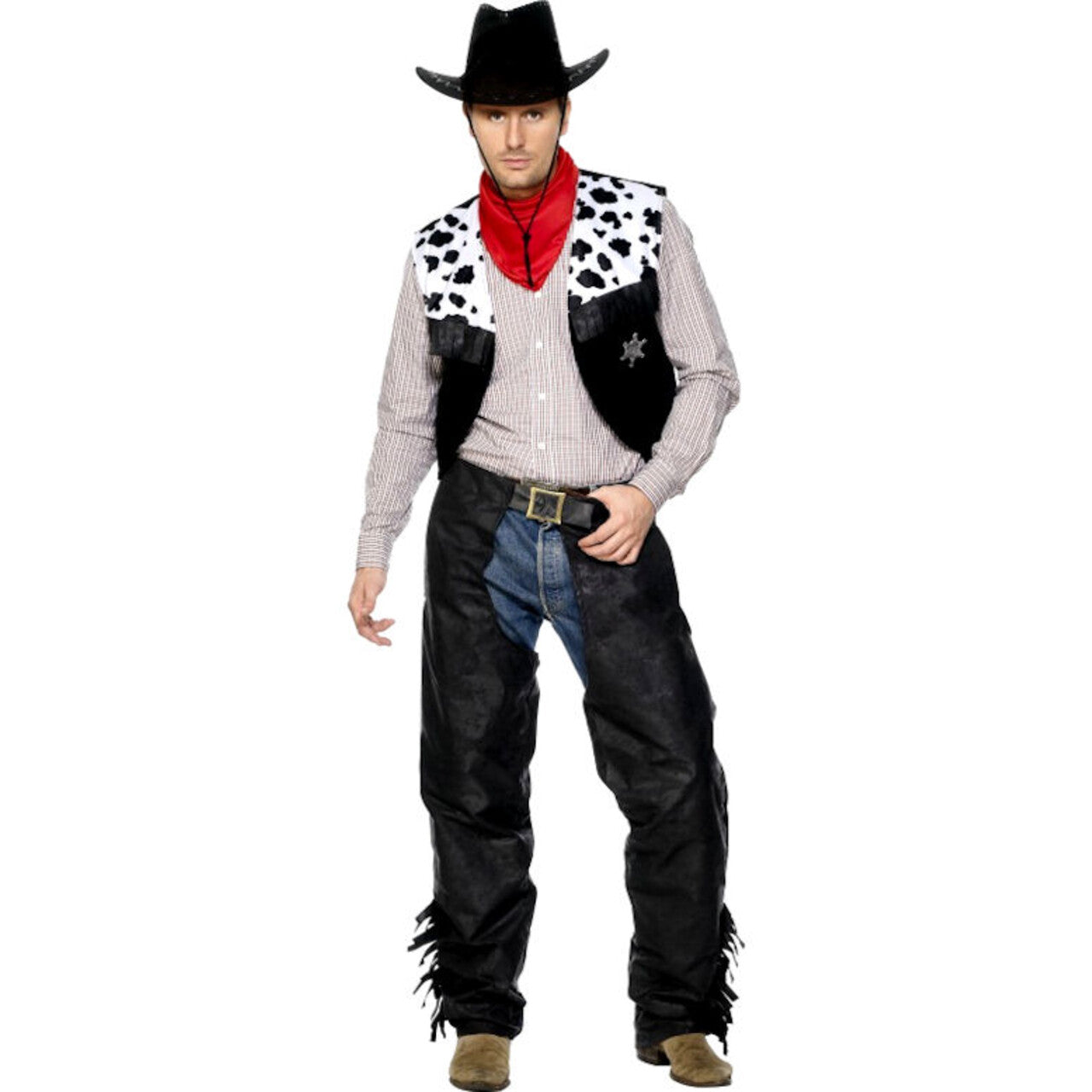 Op deze afbeelding zie je een Kostuums, van het merk Smiffy's. Cowboy Kostuum Zwart Wit Man