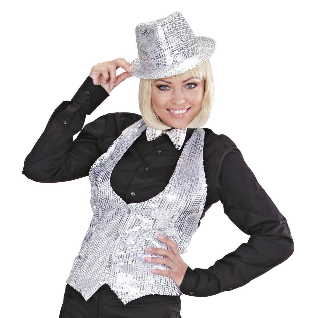 Op deze afbeelding zie je een Kostuums, van het merk Widmann. Dames Pailletten Vest Zilver Vrouw
