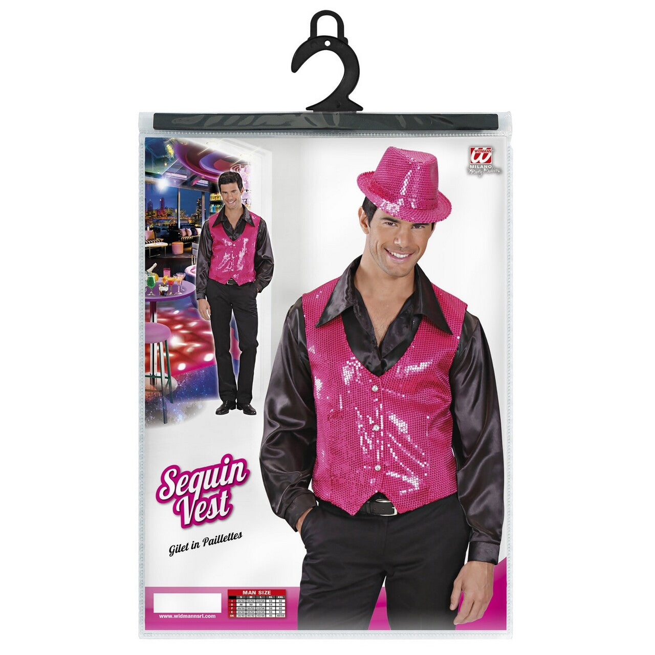 Op deze afbeelding zie je een Kostuums, van het merk Widmann. Showmaster Pailletten Vest Roze Man