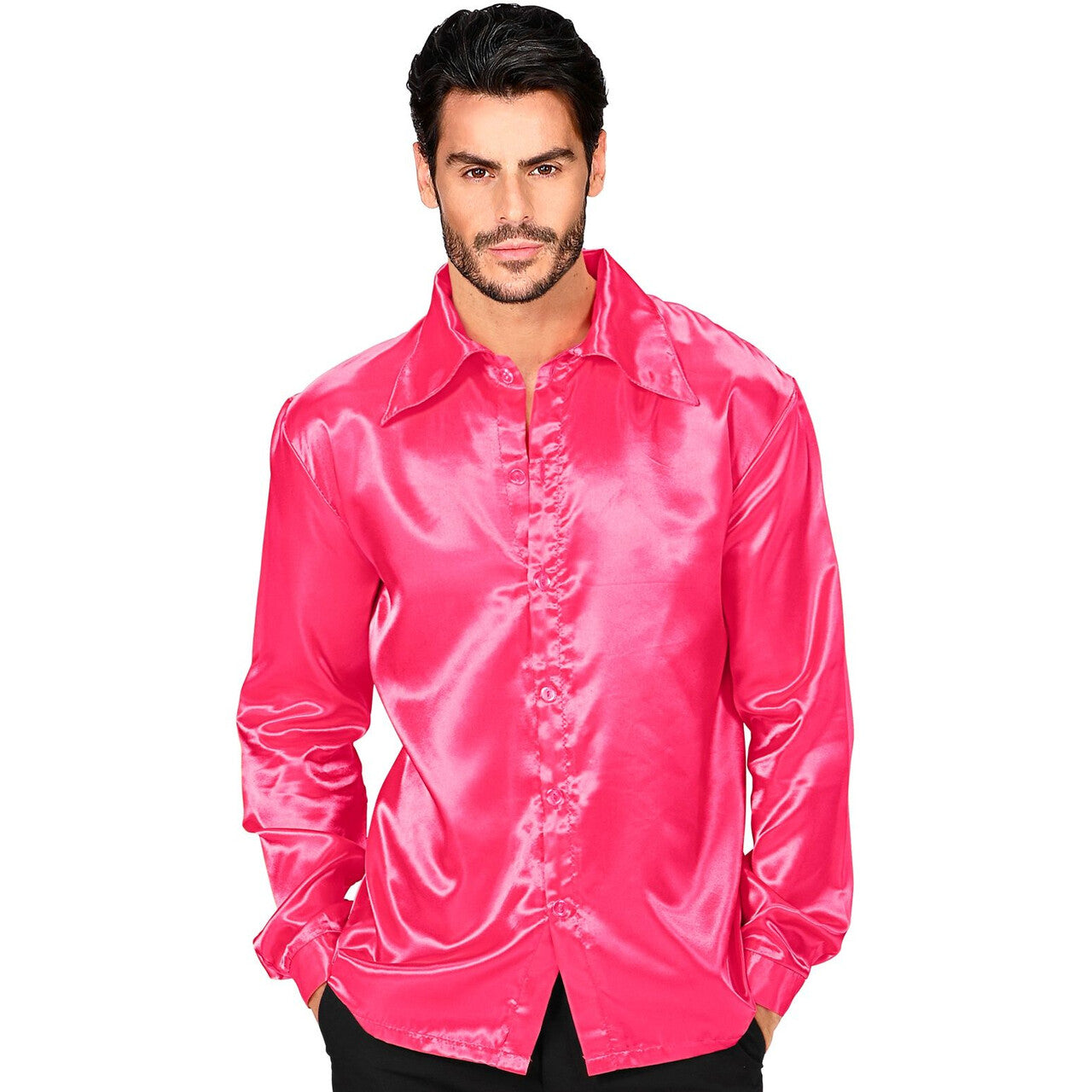 Op deze afbeelding zie je een Kostuums, van het merk Widmann. 70s Disco Shirt Roze Satijn Man