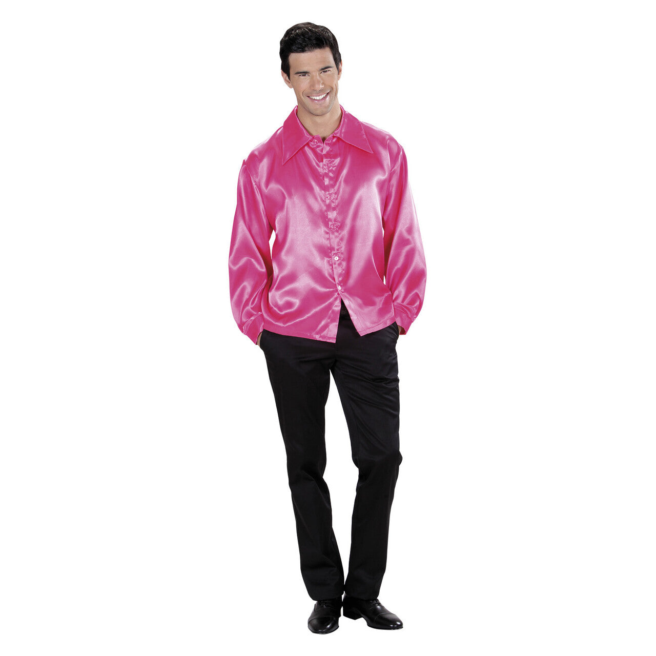 Op deze afbeelding zie je een Kostuums, van het merk Widmann. 70s Disco Shirt Roze Satijn Man