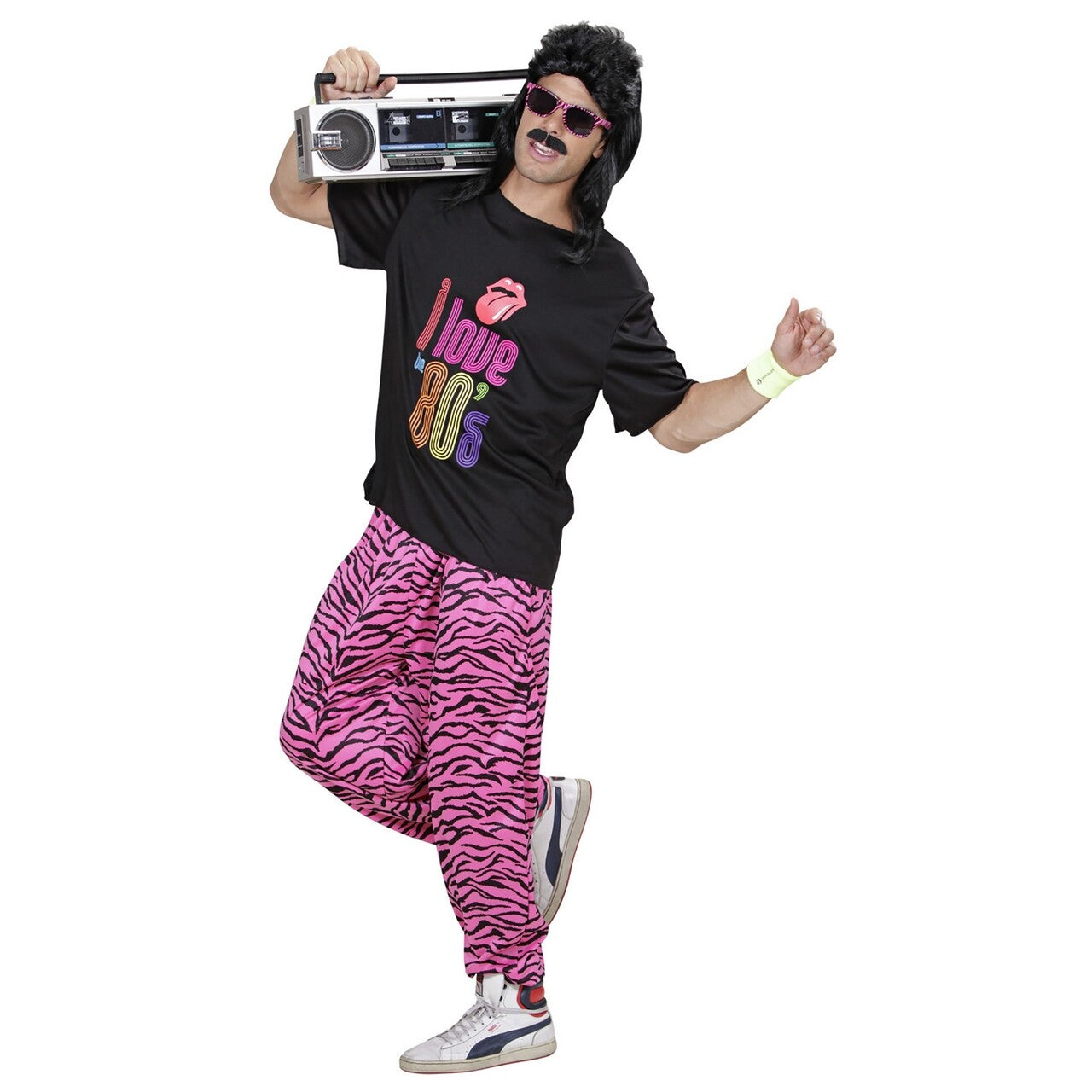 Op deze afbeelding zie je een Kostuums, van het merk Widmann. Baggy Broek 80s Zebra Roze Man