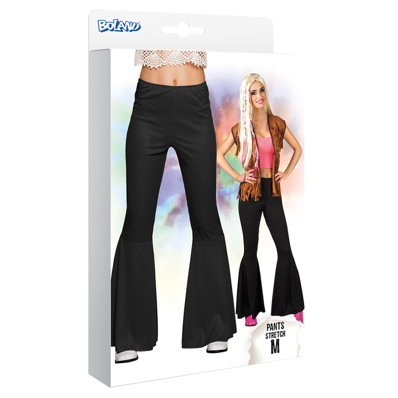 Op deze afbeelding zie je een Kostuums, van het merk Boland. Wijde Pijpen Broek Zwart Disco Dolly Vrouw