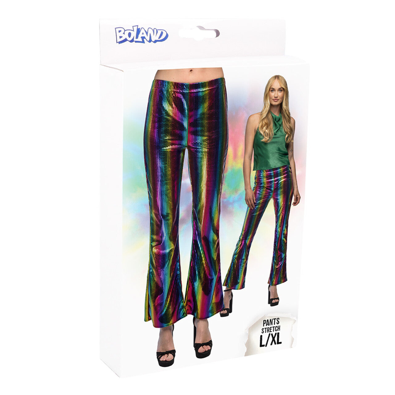 Op deze afbeelding zie je een Kostuums, van het merk Boland. Wijde Pijpen Broek Metallic Rainbow Vrouw