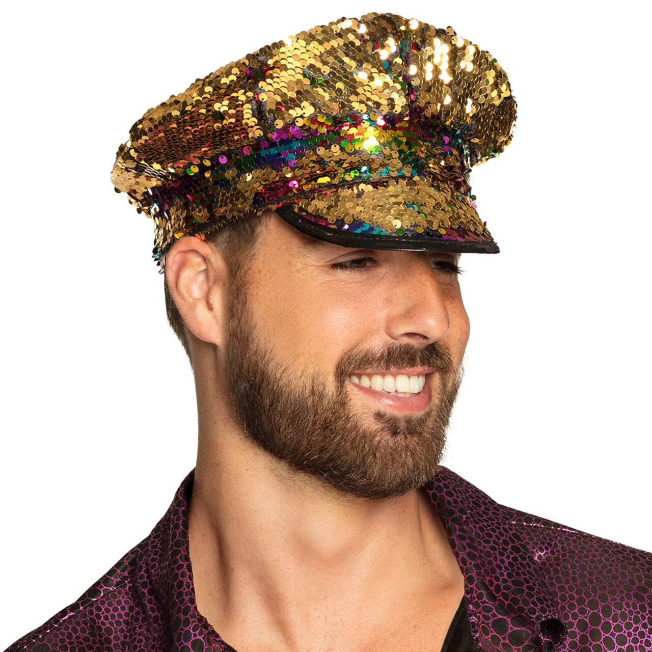 Op deze afbeelding zie je een Accessoires, van het merk Boland. Kapiteinspet Rainbow Switch (Omkeerbare Pailletten Regenboog / Goud)