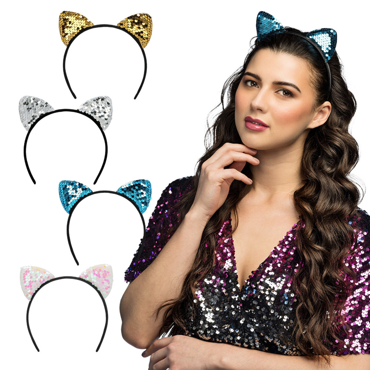 Op deze afbeelding zie je een Accessoires, van het merk Boland. Diadeem Kat Sequins 4 Ass.