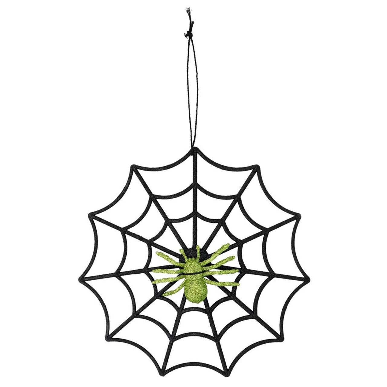 Op deze afbeelding zie je een Decoratie, van het merk Boland. Spinnenweb Met Groene Glitterspin