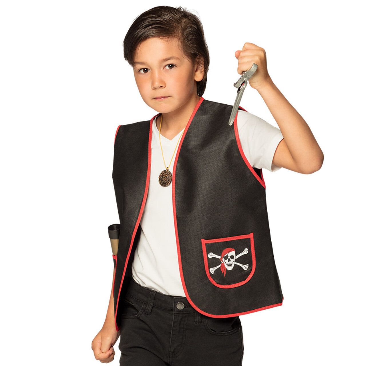 Op deze afbeelding zie je een Kostuums, van het merk Boland. Piratenvest Zwart Skull Soldier Kind Kostuum