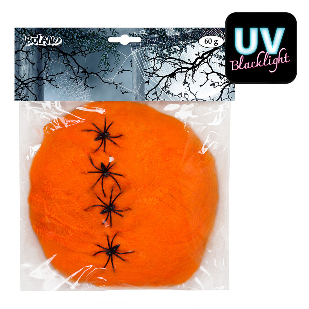 Op deze afbeelding zie je een Decoratie, van het merk Boland. Spinrag Oranje Met 4 Spinnen