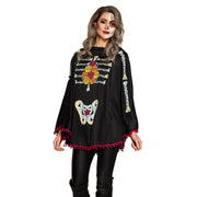 Op deze afbeelding zie je een Kostuums, van het merk Boland. Mexicaanse Poncho Skelettina Vrouw Kostuum