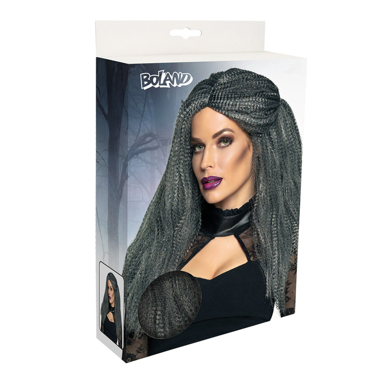 Op deze afbeelding zie je een Accessoires, van het merk Boland. Pruik Heks Griselda Wafel Grijs