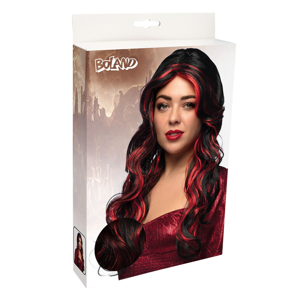 Op deze afbeelding zie je een Accessoires, van het merk Boland. Pruik Devilicious Zwart Met Rode Krullen