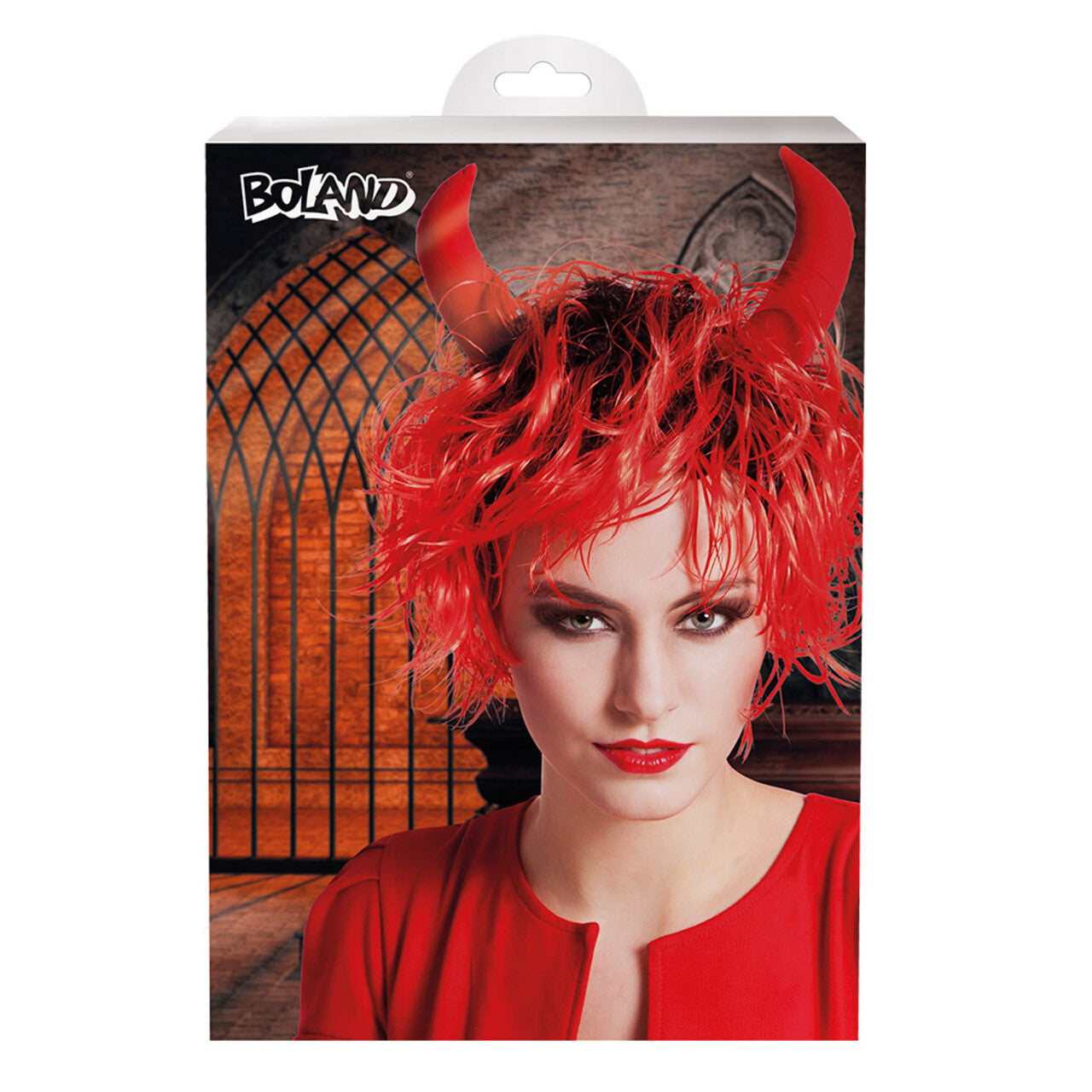 Op deze afbeelding zie je een Accessoires, van het merk Boland. Pruik Curly Devil Met Hoorntjes