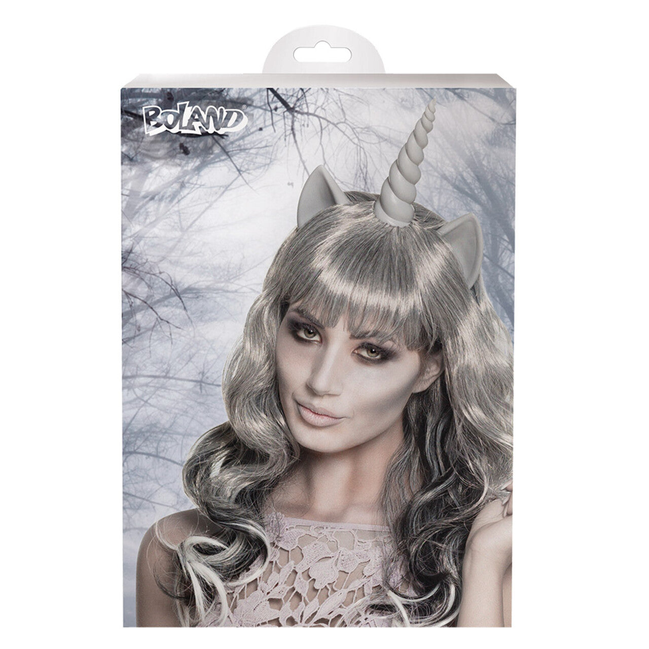 Op deze afbeelding zie je een Accessoires, van het merk Boland. Pruik Ghost Unicorn Met Hoorn En Oren