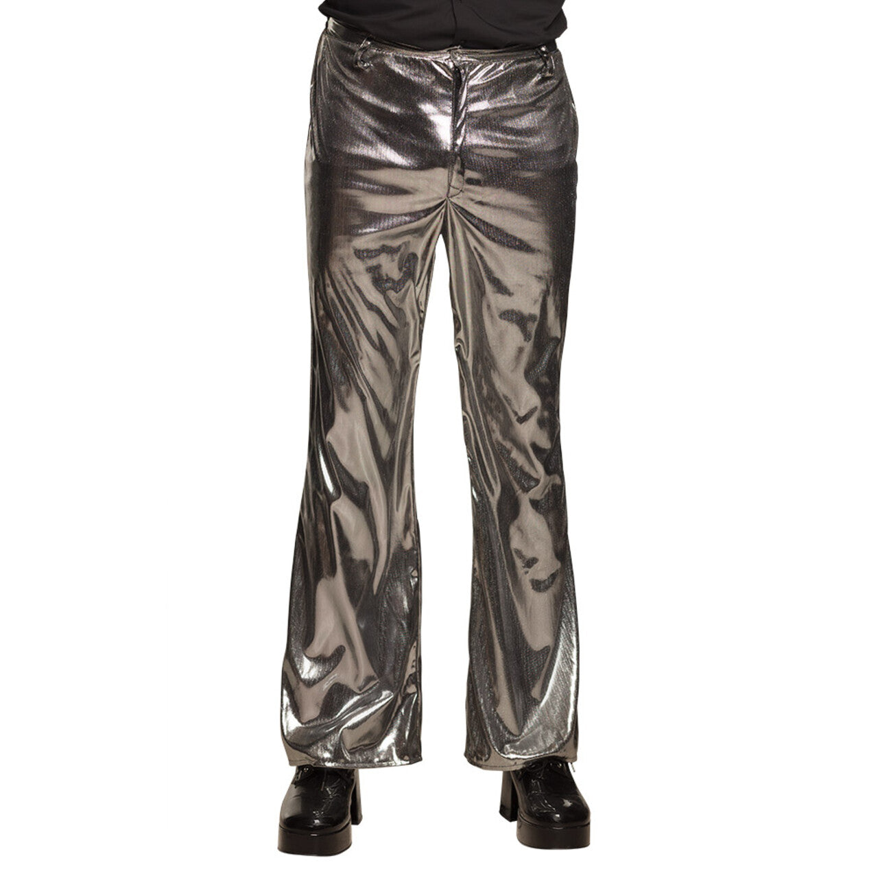 Op deze afbeelding zie je een Kostuums, van het merk Boland. Shiny Metallic Discobroek Zilver Man