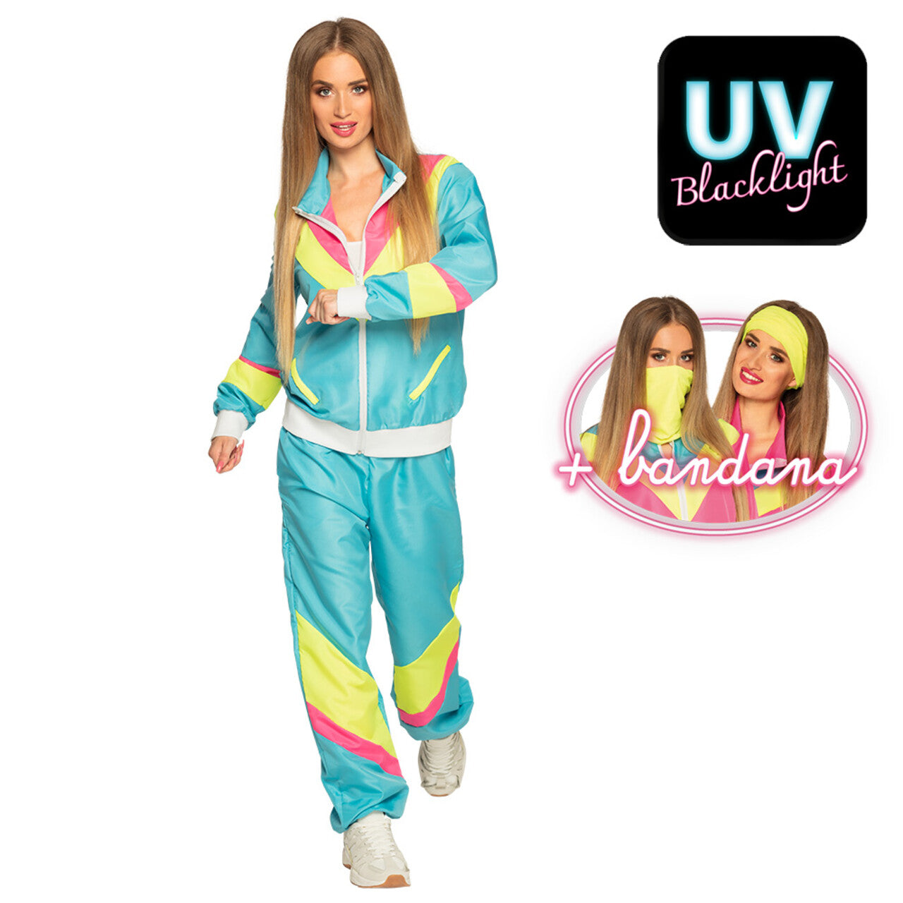 Op deze afbeelding zie je een Kostuums, van het merk Boland. Trainingspak Retro Babe Neonblauw Vrouw Kostuum