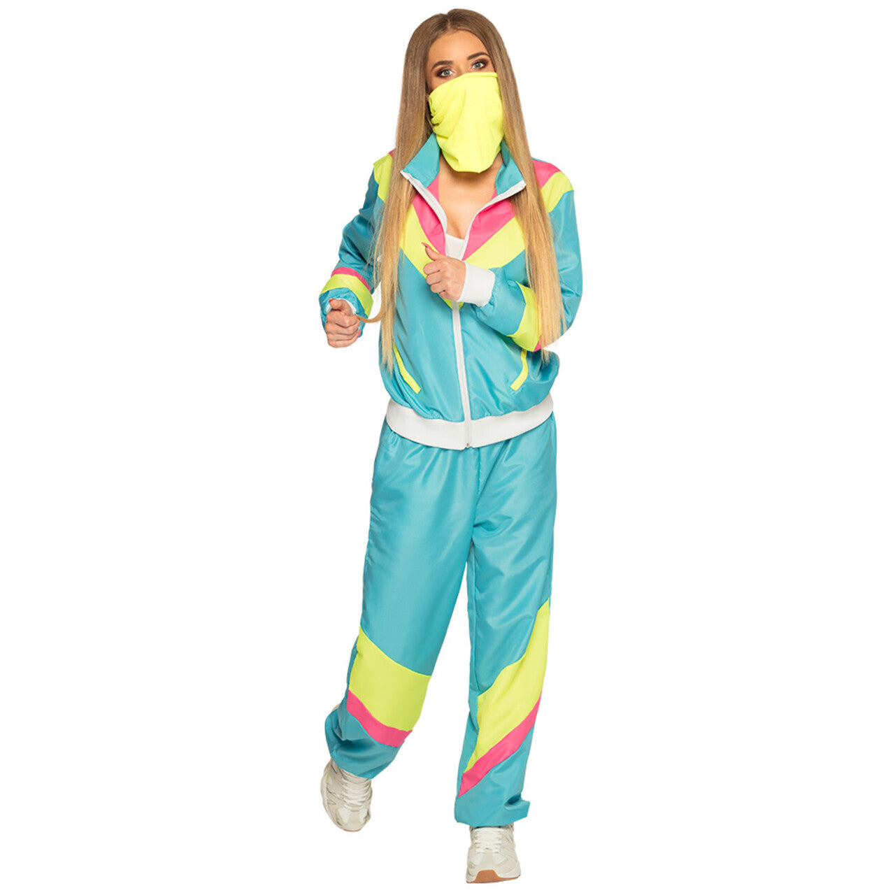 Op deze afbeelding zie je een Kostuums, van het merk Boland. Trainingspak Retro Babe Neonblauw Vrouw Kostuum