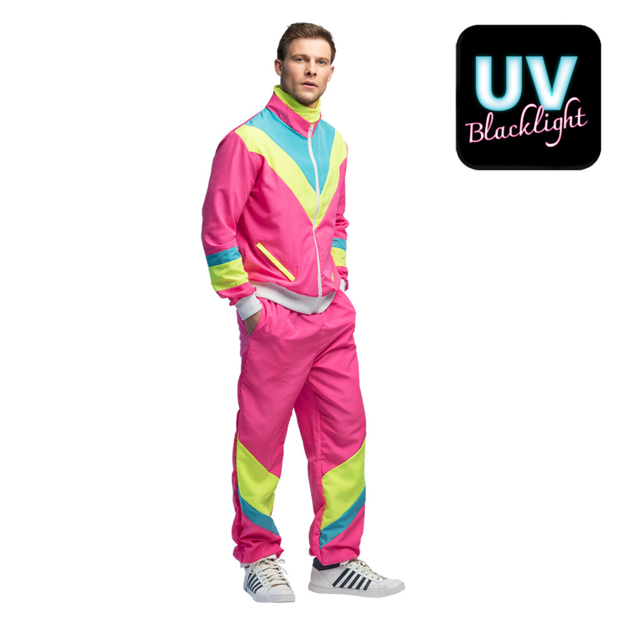 Op deze afbeelding zie je een Kostuums, van het merk Boland. Trainingspak Retro Dude Neonroze Man Kostuum
