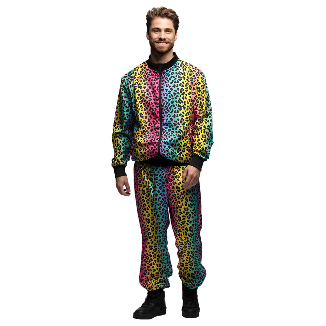 Op deze afbeelding zie je een Kostuums, van het merk Boland. Trainingspak Regenboogpanter Dude Man Kostuum