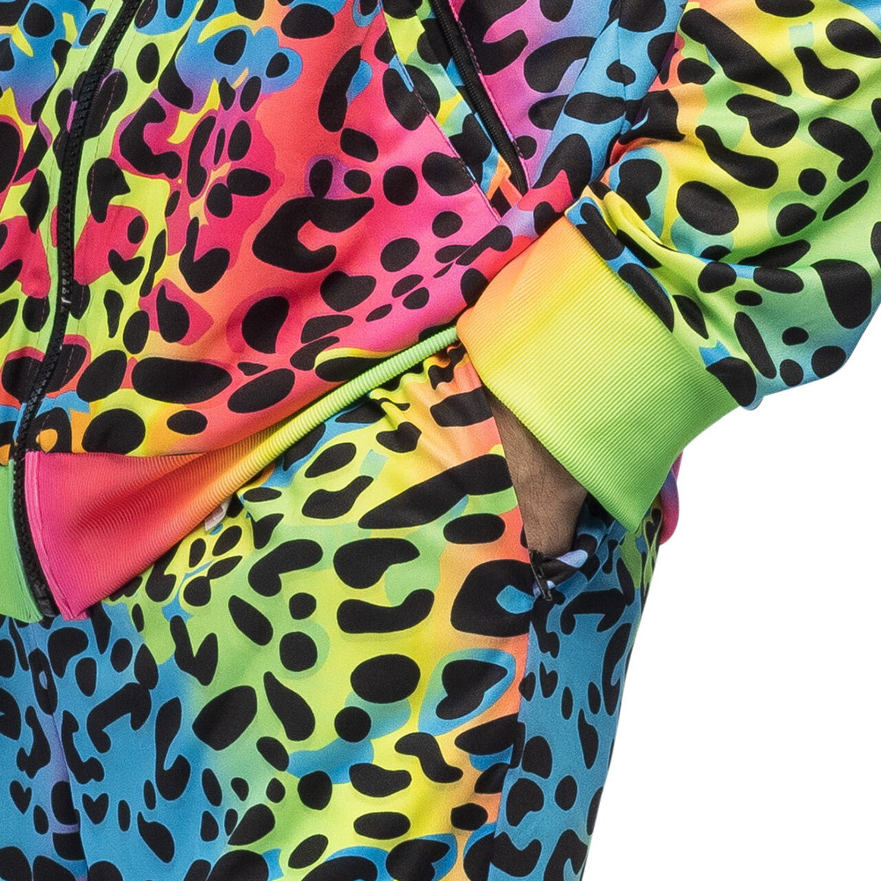 Op deze afbeelding zie je een Kostuums, van het merk Boland. Super Fout 90s Trainingspak Luipaard Rainbow Blacklight Man Kostuum