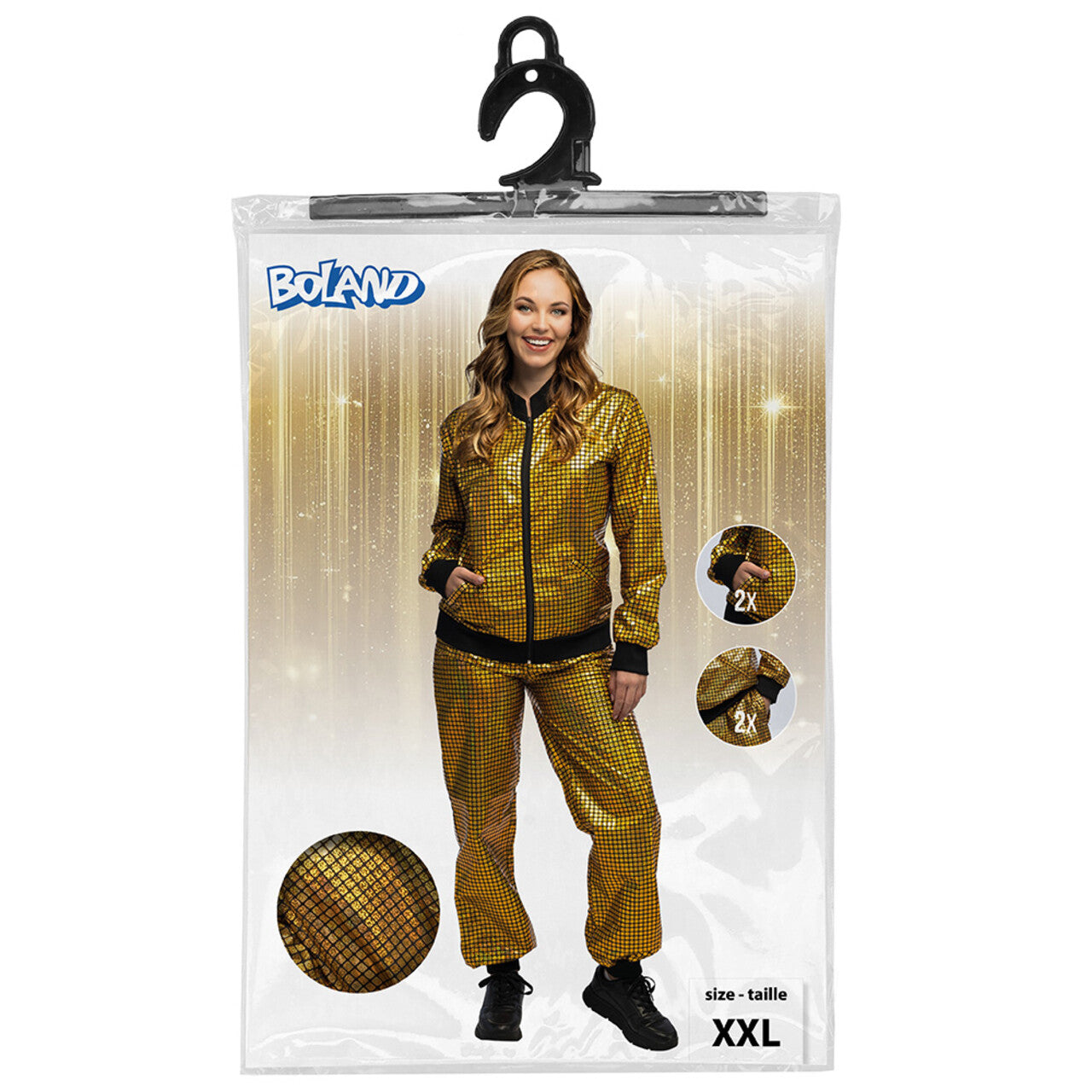 Op deze afbeelding zie je een Kostuums, van het merk Boland. Trainingspak Disco Diamond Babe Goud Vrouw Kostuum