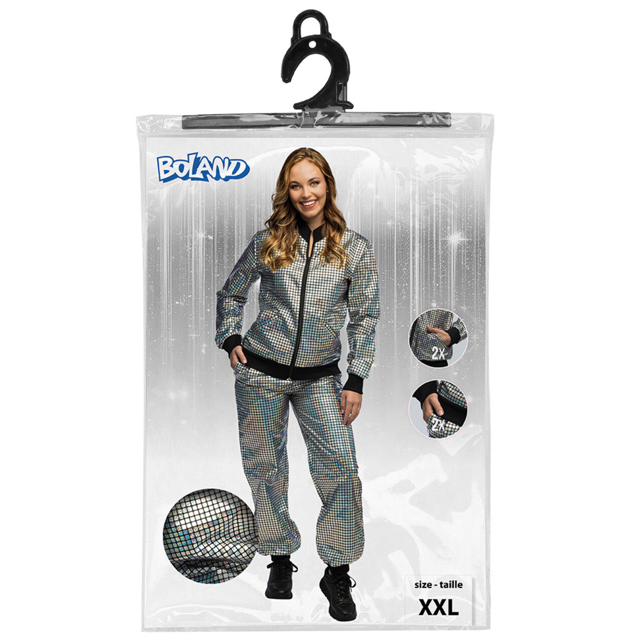 Op deze afbeelding zie je een Kostuums, van het merk Boland. Trainingspak Disco Bal Zilver Vrouw Kostuum