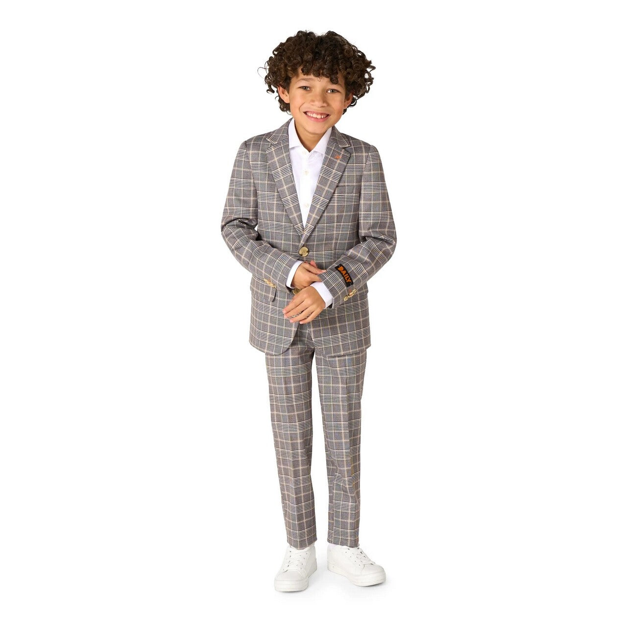 Op deze afbeelding zie je een Kostuums, van het merk Opposuits. Daily Checked Tan Jongen Kostuum