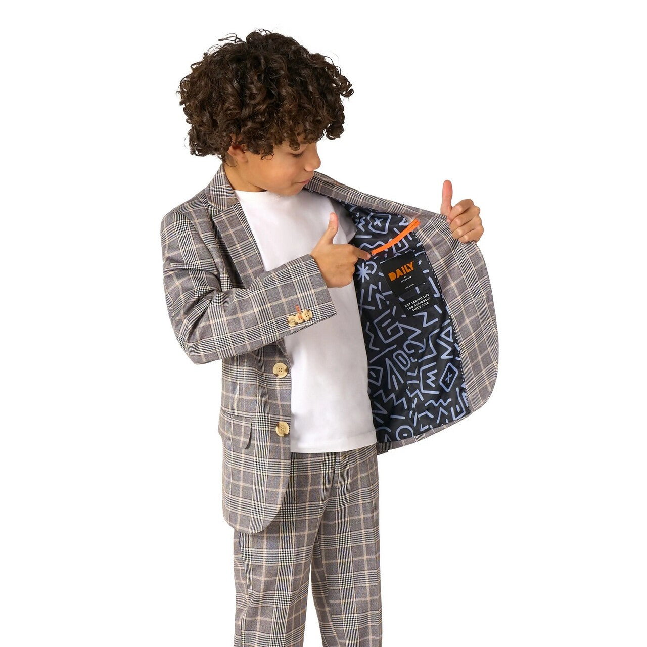 Op deze afbeelding zie je een Kostuums, van het merk Opposuits. Daily Checked Tan Jongen Kostuum