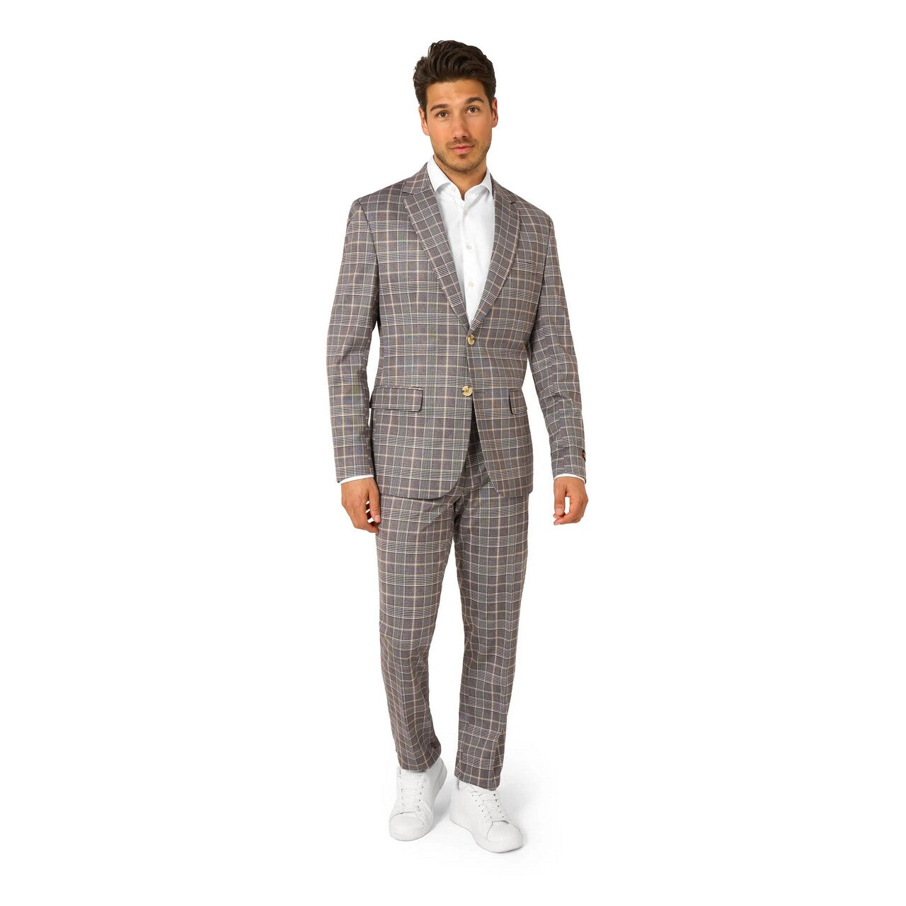 Op deze afbeelding zie je een Kostuums, van het merk Opposuits. Daily Checked Tan Man Kostuum