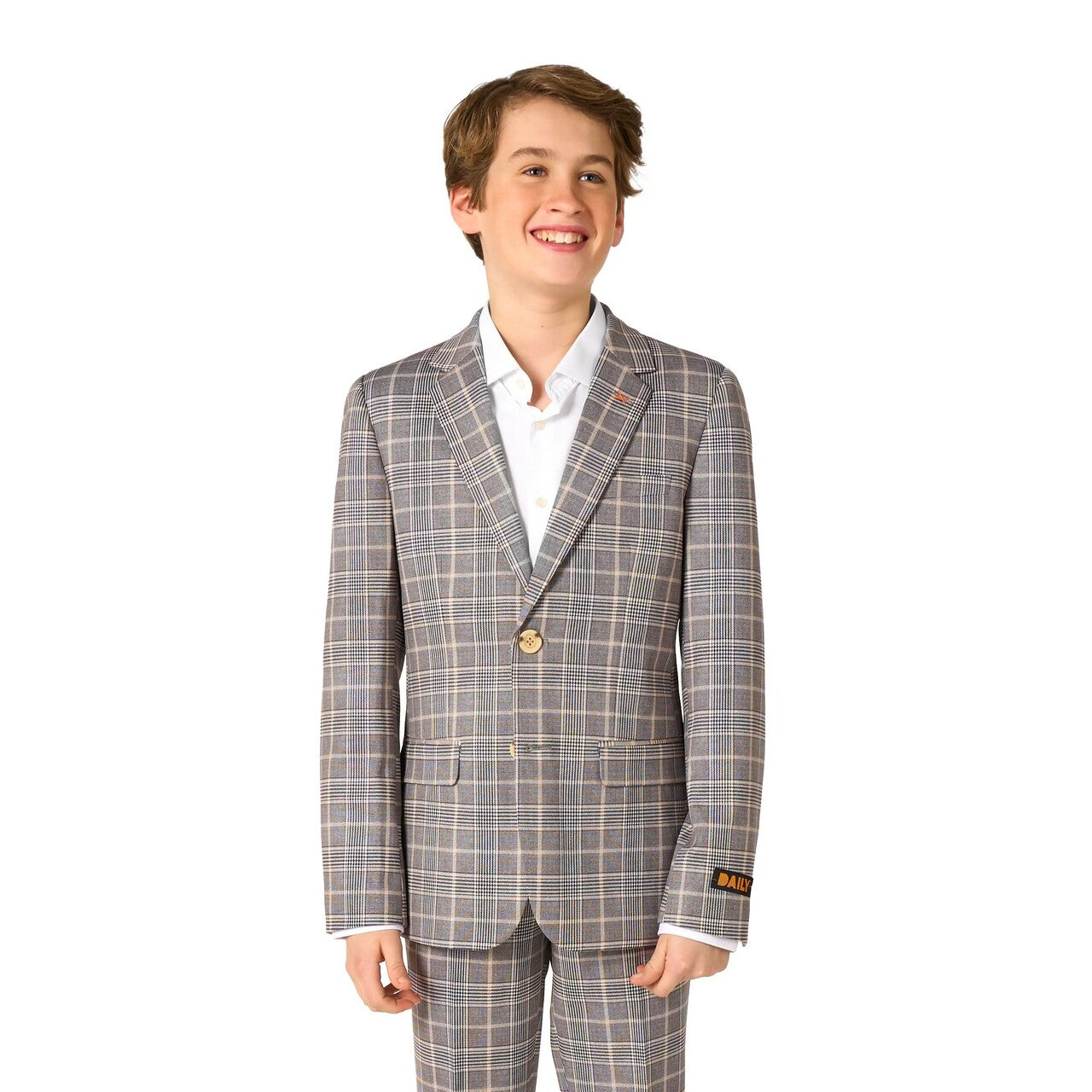 Op deze afbeelding zie je een Kostuums, van het merk Opposuits. Daily Checked Tan Tiener Jongen Kostuum