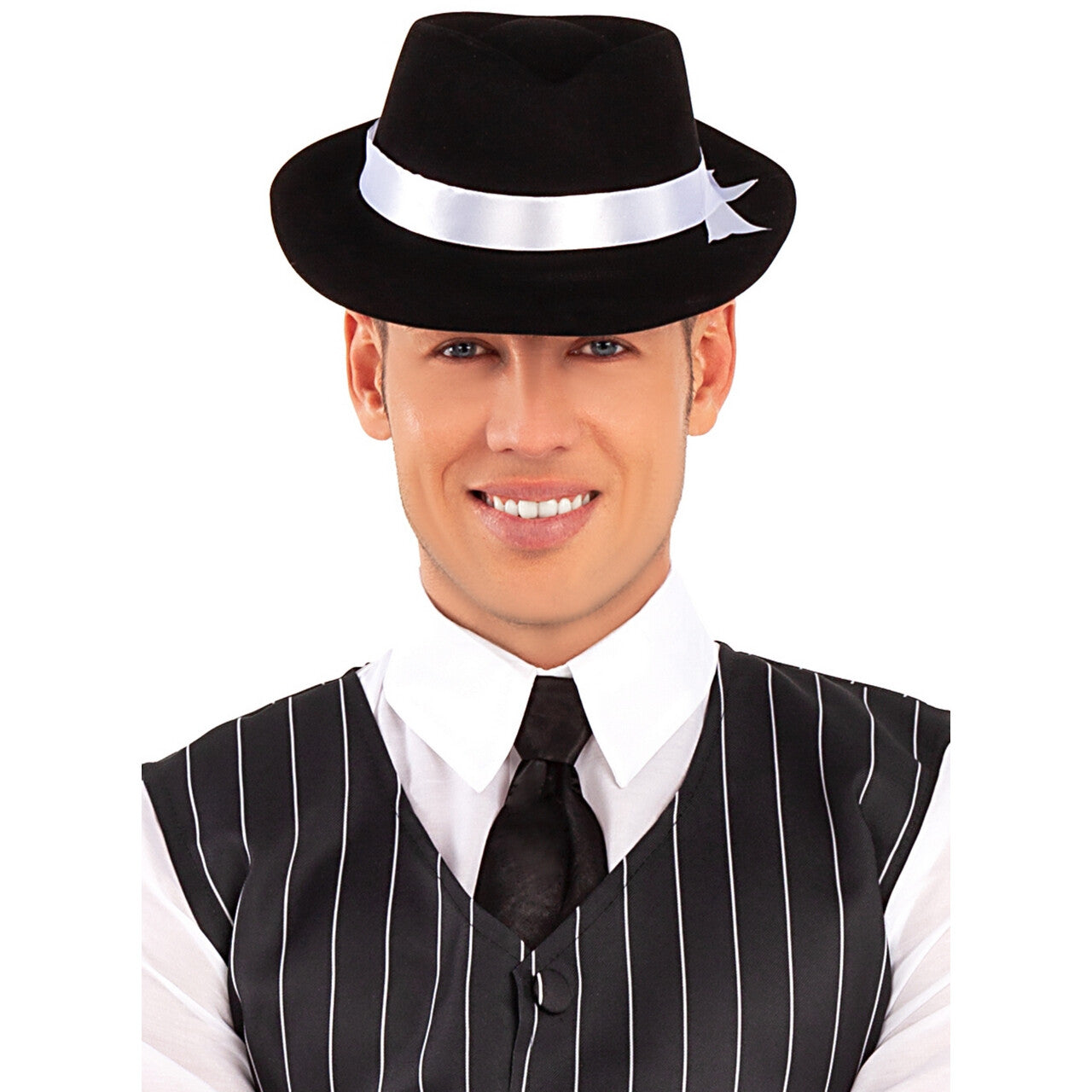 Op deze afbeelding zie je een Accessoires, van het merk Funidelia. Zwarte Gangster Maffia Hoed Met Wit Lint
