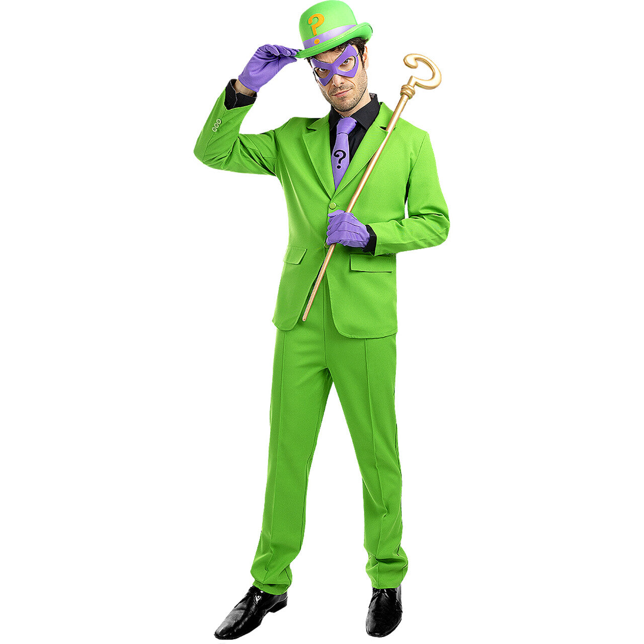 Op deze afbeelding zie je een Kostuums, van het merk Funidelia. The Riddler Man Kostuum