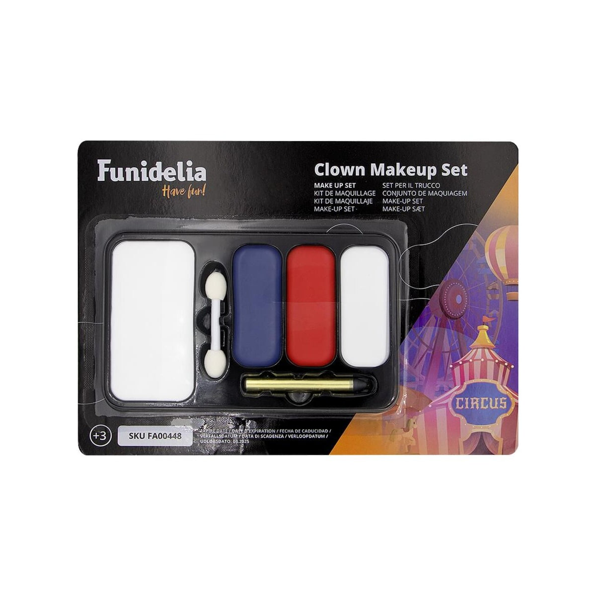 Op deze afbeelding zie je een Accessoires, van het merk Funidelia. Snelle Make Up Set Clown Rood / Wit / Blauw