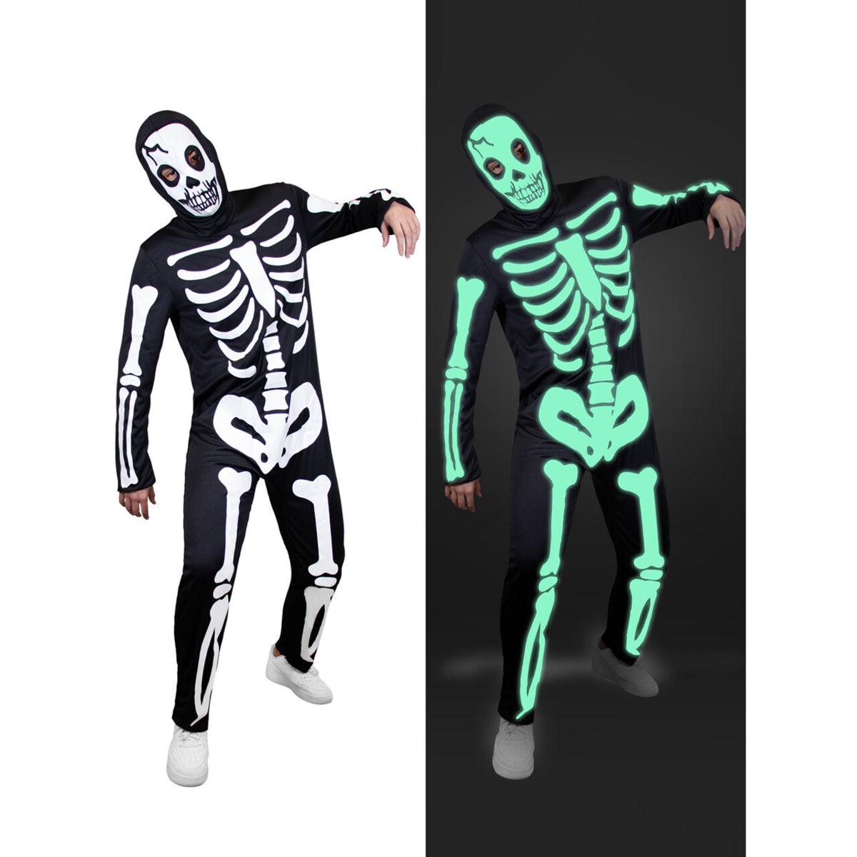 Op deze afbeelding zie je een Kostuums, van het merk Funidelia. Glow In The Dark Skeleton Walk Man Kostuum