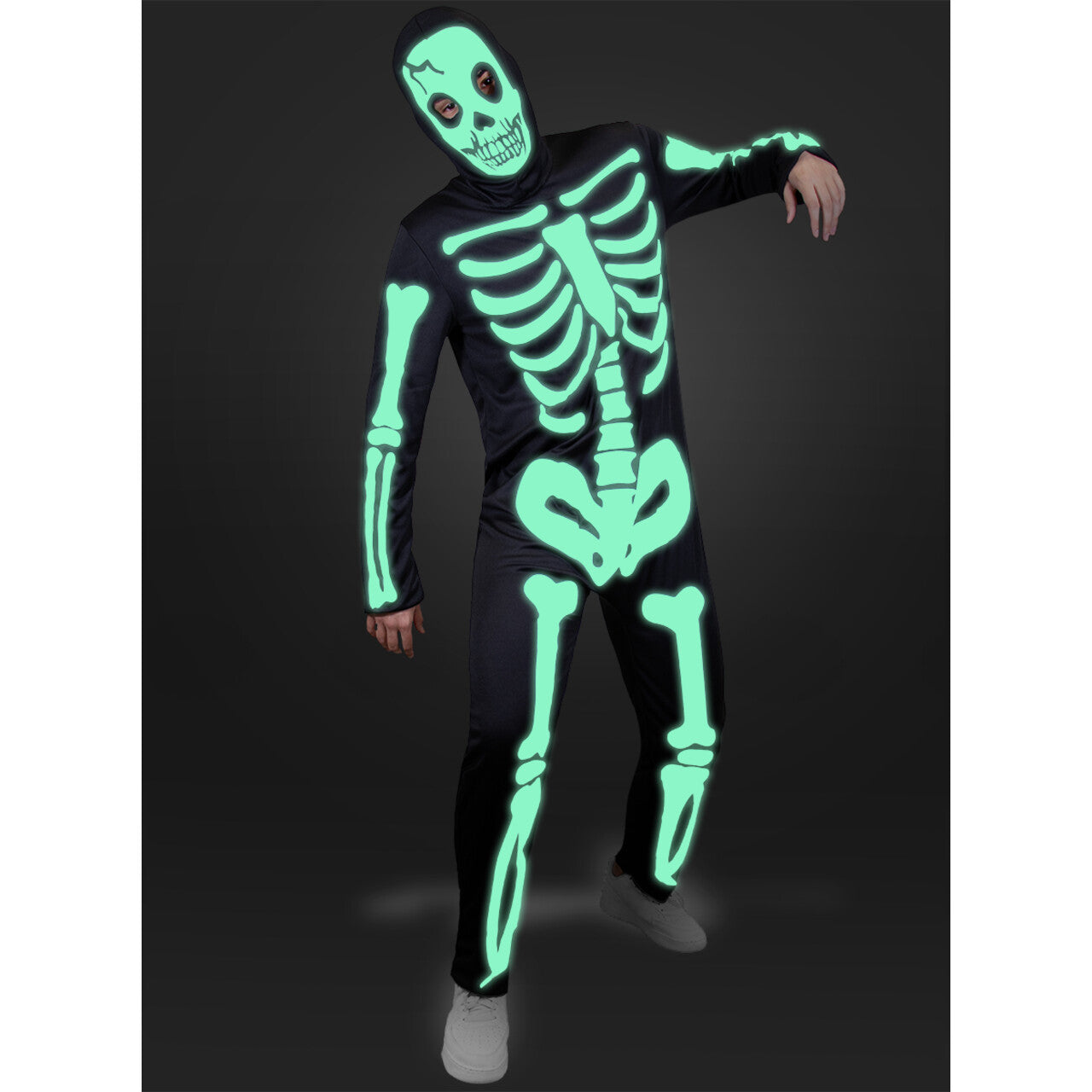Op deze afbeelding zie je een Kostuums, van het merk Funidelia. Glow In The Dark Skeleton Walk Man Kostuum