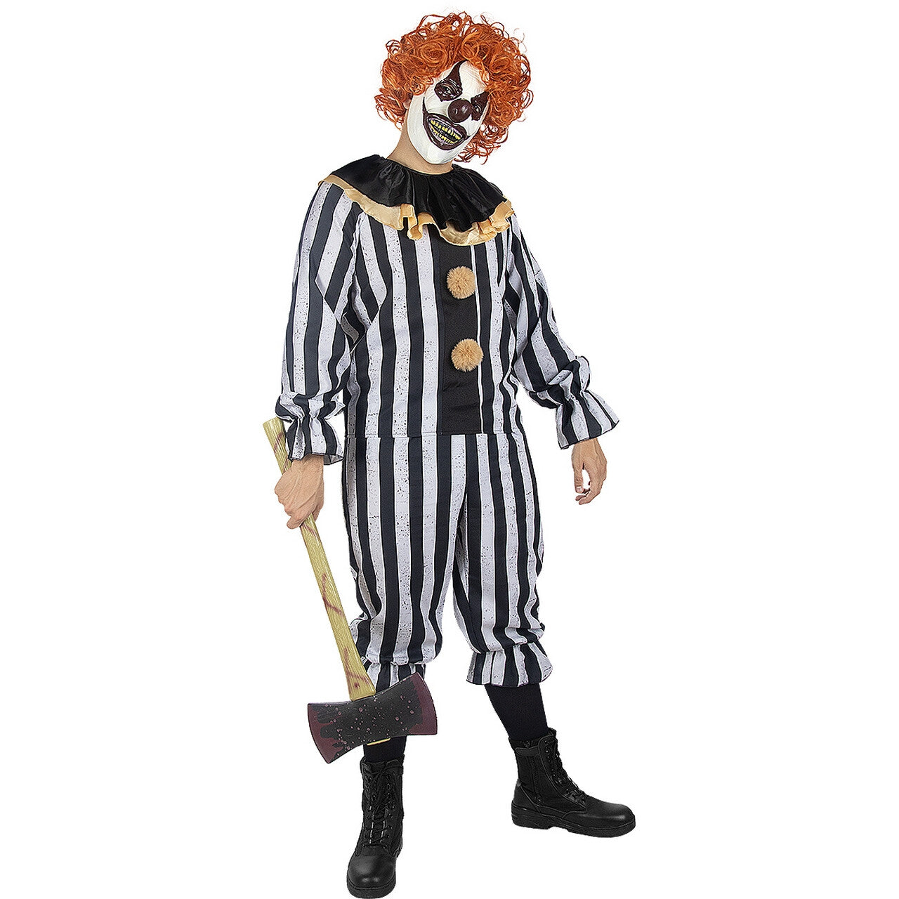 Op deze afbeelding zie je een Kostuums, van het merk Funidelia. Ready To Strike Stripe Clown Man Kostuum