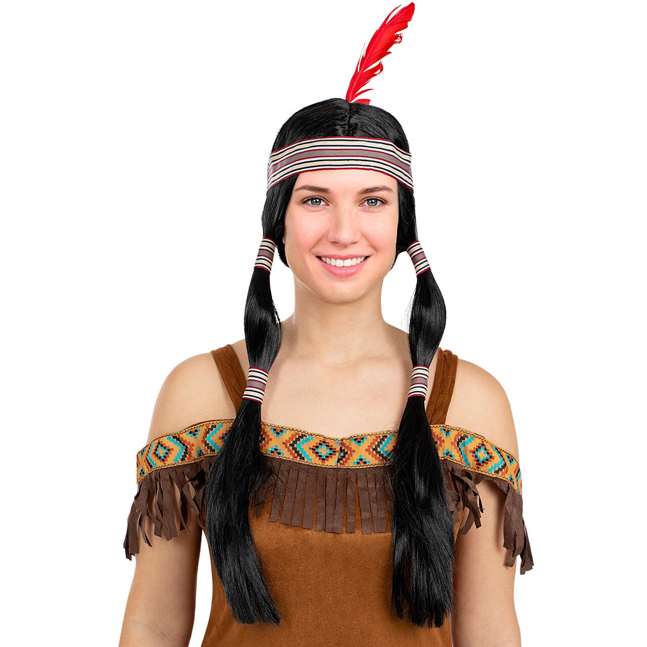 Op deze afbeelding zie je een Accessoires, van het merk Funidelia. Pruik Indiaan Herawiti Met Hoofdband En Veer